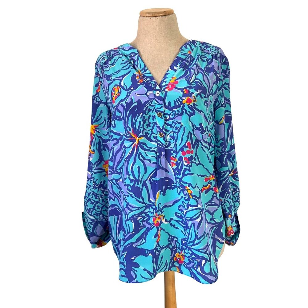 Lilly Pulitzer Women's Size M Del Ray Silk Blouse Mai Tai Floral Print